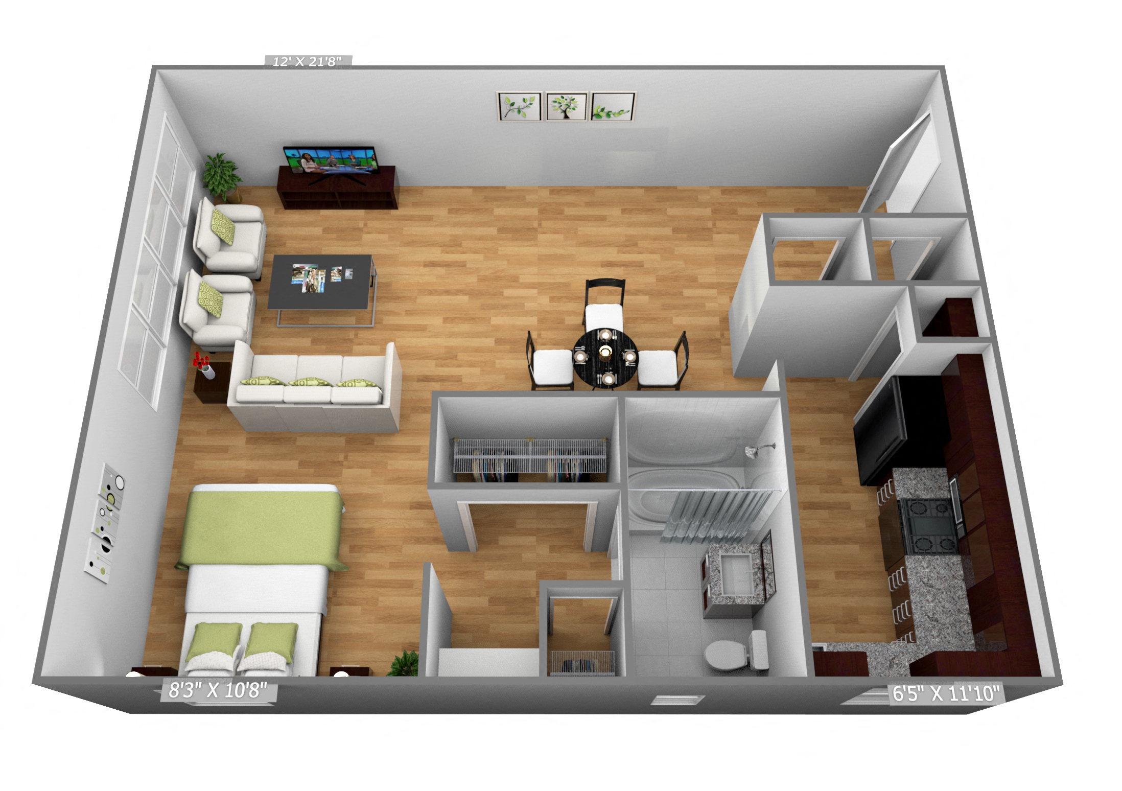 Floor plan for studio, 1 bath, 500 sqft